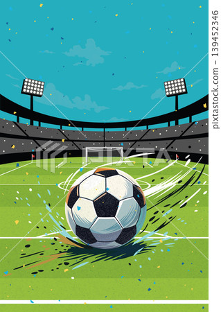 Soccer tournament celebration poster vertical template with spinning ball at the middle of stadium have blank space. Soccer tournament celebration poster vertical template with spinning ball at the middle of stadium have blank space. 139452346