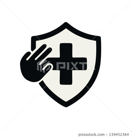 Handdrawn Black Silhouette Shield Protection Symbol with Medical Cross and Open Palm Handdrawn Black Silhouette Shield Protection Symbol with Medical Cross and Open Palm 139452364