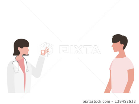向量圖,描繪了一位女醫生向男病人比劃「OK」手勢。 向量圖,描繪了一位女醫生向男病人比劃「OK」手勢。 139452638
