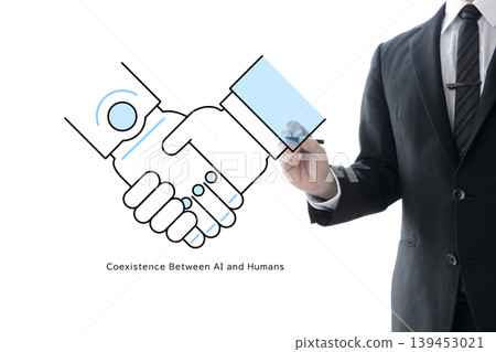 一位商人畫了一幅機器人和人類握手的圖畫——象徵著與人工智慧的共存與合作。 一位商人畫了一幅機器人和人類握手的圖畫——象徵著與人工智慧的共存與合作。 139453021