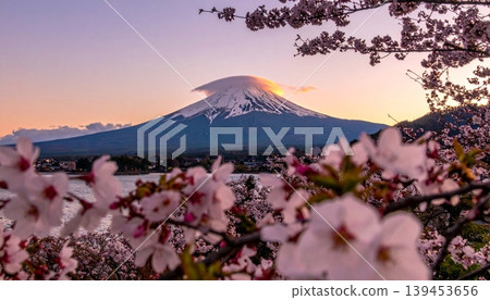 Fuji Mountain with sakura flower with cloud hat Fuji Mountain with sakura flower with cloud hat 139453656