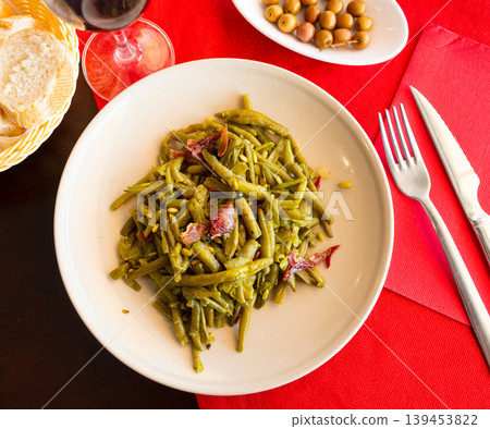 Dish of fried green beans with ham Dish of fried green beans with ham 139453822