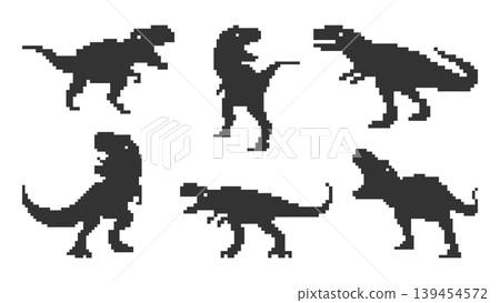 Set of pixel art Tyrannosaurus Rex silhouettes in various poses. Retro 8-bit dinosaur graphics for games, stickers, and prehistoric themed designs. Vector illustration. Set of pixel art Tyrannosaurus Rex silhouettes in various poses. Retro 8-bit dinosaur graphics for games, stickers, and prehistoric themed designs. Vector illustration. 139454572