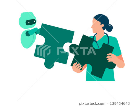 圖中描繪了一位女醫師將醫學難題和人工智慧難題結合起來,建構最佳解決方案。 圖中描繪了一位女醫師將醫學難題和人工智慧難題結合起來,建構最佳解決方案。 139454643