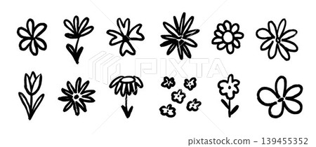 Hand drawn doodle flowers set. Black brush stroke flower drawing collection. Naive crayon floral sketch bundle. Kid pastel or chalk scribble elements. Spring and summer childish pack. Vector Hand drawn doodle flowers set. Black brush stroke flower drawing collection. Naive crayon floral sketch bundle. Kid pastel or chalk scribble elements. Spring and summer childish pack. Vector 139455352
