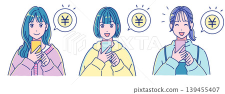 一群利用智慧型手機消費賺錢的年輕女性。 一群利用智慧型手機消費賺錢的年輕女性。 139455407