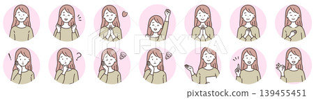 Various poses of a young woman; face; circular 139455451