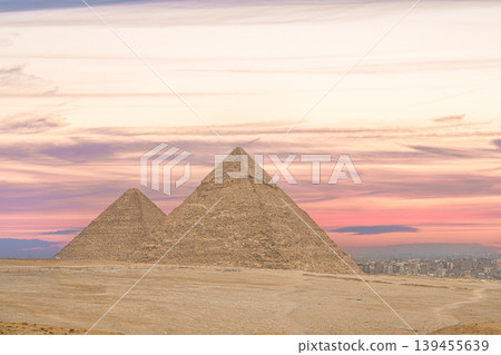Great Pyramids of Giza at sunset, Egypt. Ancient wonders and travel destinations in Africa Great Pyramids of Giza at sunset, Egypt. Ancient wonders and travel destinations in Africa 139455639