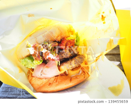 A double burger made with 100% Awaji beef: A hearty local delicacy, perfect for lunch during your Awaji Island sightseeing trip. A double burger made with 100% Awaji beef: A hearty local delicacy, perfect for lunch during your Awaji Island sightseeing trip. 139455659