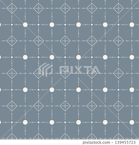 Minimalist Blue Geomatics Seamless Pattern with Diamond Icons and Technical Grid Lines Minimalist Blue Geomatics Seamless Pattern with Diamond Icons and Technical Grid Lines 139455723