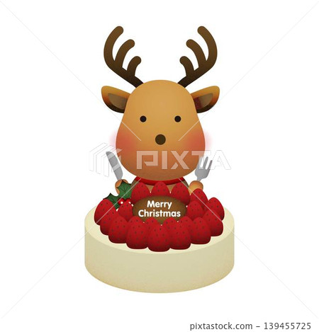 An illustration of a reindeer sitting in front of a Christmas cake with a knife and fork. Cute character material. An illustration of a reindeer sitting in front of a Christmas cake with a knife and fork. Cute character material. 139455725