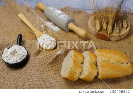 Fresh bread, flour, and wheat for baking Fresh bread, flour, and wheat for baking 139456232