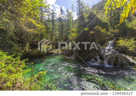 Stream under the Pearl Shoal Waterfall in Jiuzhai Valley National Park, China. 139456327