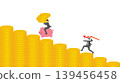 Businessman riding piggy bank jumping down on falling gold coins bar graph staircase escaping red arrow spear during stock market crash and gold price decline concept 139456458