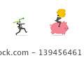 Businessman riding piggy bank carrying stack of gold coins chasing profit growth with green arrow spear hunting financial success and wealth accumulation investment concept 139456461