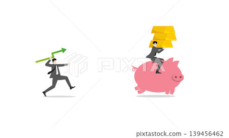 Businessman riding piggy bank carrying gold bars chasing profit growth with green arrow spear hunting financial success and precious metal asset investment management concept Businessman riding piggy bank carrying gold bars chasing profit growth with green arrow spear hunting financial success and precious metal asset investment management concept 139456462