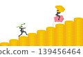 Successful businessman riding piggy bank jumping on rising gold coins bar graph stairs chasing profit with green arrow spear hunting wealth growth and financial achievement 139456464