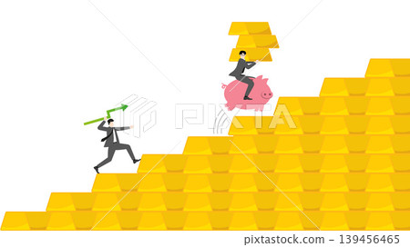 Successful businessman riding piggy bank jumping on rising gold bars bar graph stairs chasing profit with green arrow spear hunting wealth growth and financial achievement 139456465
