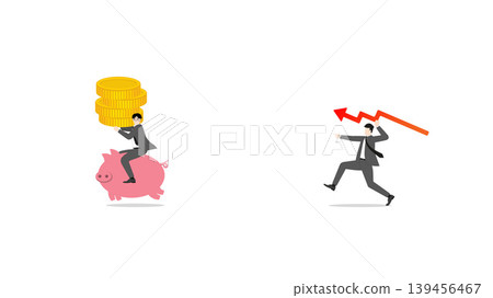 Businessman riding piggy bank carrying stack of gold coins escaping from red falling arrow spear representing investment loss financial crisis risk and gold market decline Businessman riding piggy bank carrying stack of gold coins escaping from red falling arrow spear representing investment loss financial crisis risk and gold market decline 139456467
