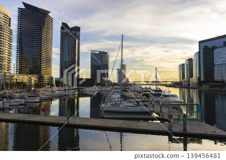 Landscape of Yarra's Edge Marina at twilight in South Melbourne, Australia 139456481