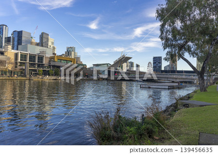 Melbourne, Australia - July 7, 2024 : Landscape of the South Wharf with the blue sky in Melbourne, Australia on July 7, 2024. 139456635