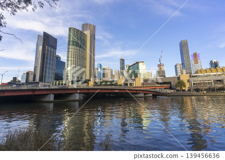 Melbourne, Australia - July 7, 2024 : Landscape of the South Wharf with the blue sky in Melbourne, Australia on July 7, 2024. Melbourne, Australia - July 7, 2024 : Landscape of the South Wharf with the blue sky in Melbourne, Australia on July 7, 2024. 139456636