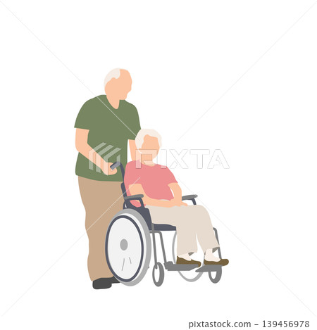 An illustration of an elderly man assisting an elderly woman in a wheelchair. An illustration of an elderly man assisting an elderly woman in a wheelchair. 139456978