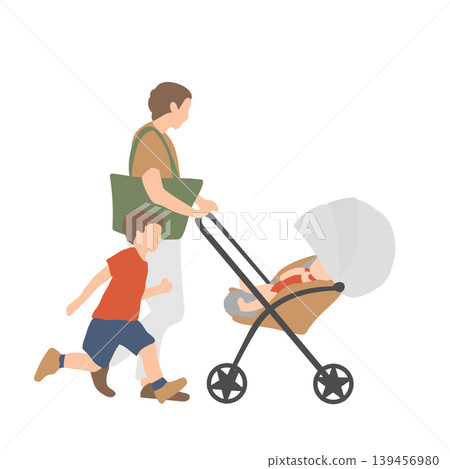 An illustration of a father walking with a stroller and a child running. 139456980