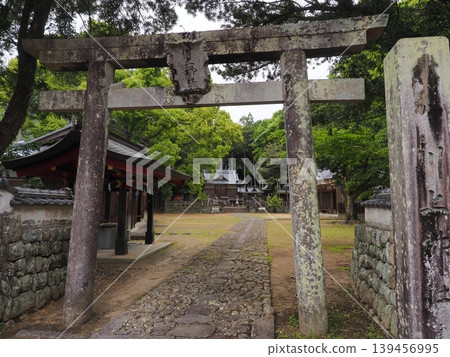 Kawakami Shrine in Kamiakitsu, Wakayama: A tranquil shrine grounds surrounded by moss-covered stone torii gates and fresh greenery. Kawakami Shrine in Kamiakitsu, Wakayama: A tranquil shrine grounds surrounded by moss-covered stone torii gates and fresh greenery. 139456995