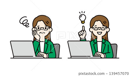 A set of vector illustrations of the upper body of a young female employee/businesswoman resolving/improving a problem. A set of vector illustrations of the upper body of a young female employee/businesswoman resolving/improving a problem. 139457070