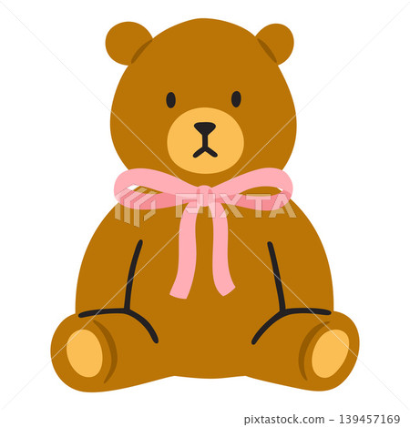 Teddy bear toy doodle, vector cartoon brown bear animal decorated with pink bow, kid favorite toy baby entertainment Teddy bear toy doodle, vector cartoon brown bear animal decorated with pink bow, kid favorite toy baby entertainment 139457169