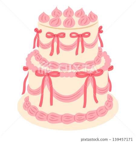 A two-tiered birthday cake with pink cream and bows. 139457171