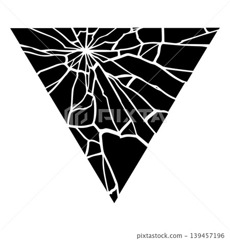 A black geometric triangle with a white grid of radial cracks and fragments. A black geometric triangle with a white grid of radial cracks and fragments. 139457196