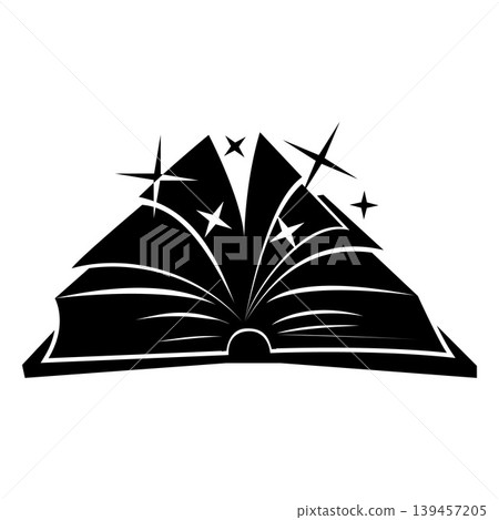 A black silhouette of an open book with sparkling stars flying from its pages. 139457205