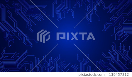Abstract blue background with glowing neon printed circuit board lines around the edges. Abstract blue background with glowing neon printed circuit board lines around the edges. 139457212