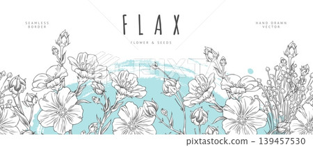 Seamless border with flowers and flax seeds on branches against a blue brushstroke background. Seamless border with flowers and flax seeds on branches against a blue brushstroke background. 139457530