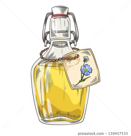 Flax oil glass jar vector sketch, hand drawn superfood, Linen condiment or seasoning seeds extraction product Flax oil glass jar vector sketch, hand drawn superfood, Linen condiment or seasoning seeds extraction product 139457533