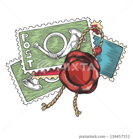 Postage stamps pile with red wax seal, vector hand drawn vintage postal horn on postal marks various colors, wavy edges Postage stamps pile with red wax seal, vector hand drawn vintage postal horn on postal marks various colors, wavy edges 139457551
