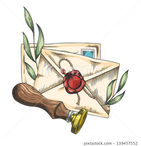 Envelopes with red wax seal, round stamp sketch, vector hand drawn vintage letters and mail stamper with leaves Envelopes with red wax seal, round stamp sketch, vector hand drawn vintage letters and mail stamper with leaves 139457552
