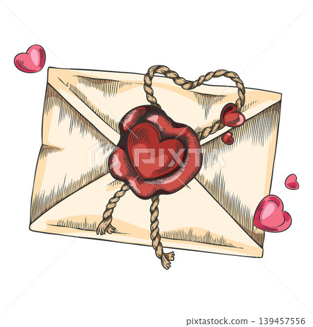 A vintage watercolor sketch of a mailing envelope sealed with a red wax heart-shaped seal. 139457556