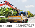 An orange excavator bucket loads dark soil into the back of a white dump truck. 139457587