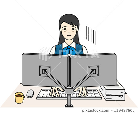 A woman in a uniform, feeling down and stressed over deadlines and a large workload. A woman in a uniform, feeling down and stressed over deadlines and a large workload. 139457603