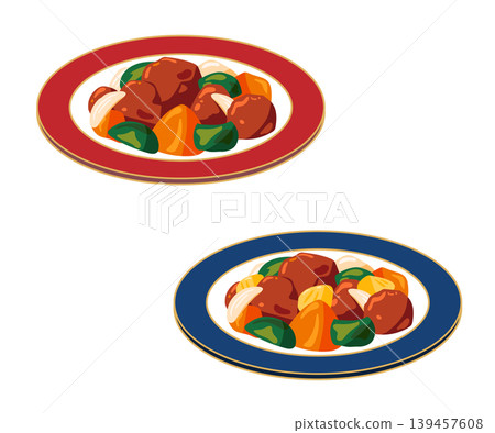 A set of illustrations of sweet and sour pork served on a plate. A set of illustrations of sweet and sour pork served on a plate. 139457608