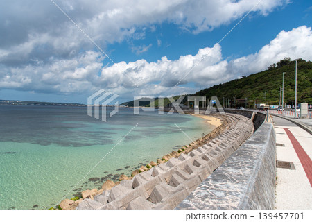 The emerald green sea and coastal walkway on a sunny day The emerald green sea and coastal walkway on a sunny day 139457701