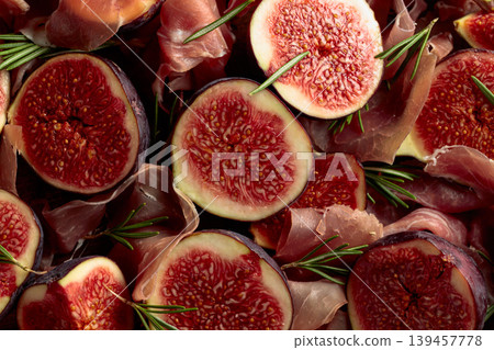 Prosciutto with rosemary and fig fruit. Prosciutto with rosemary and fig fruit. 139457778