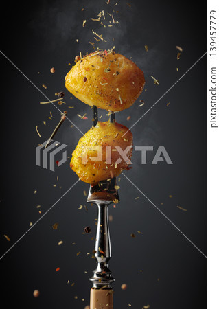 Roasted potatoes sprinkled with a mixture of herbs and spices. 139457779