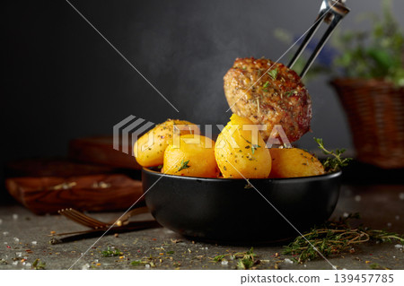 Roasted potatoes with cutlet and thyme. 139457785