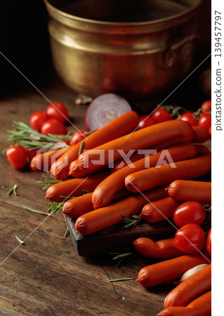 Smoked sausages with tomatoes and rosemary. Smoked sausages with tomatoes and rosemary. 139457797