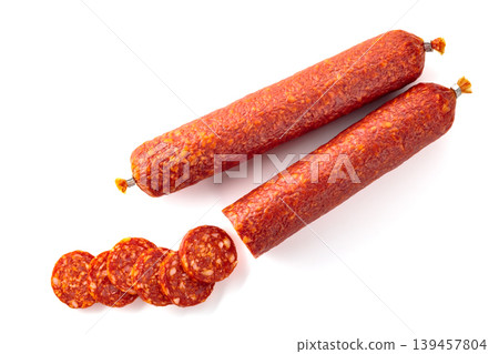 Smoked sausage isolated on white. Smoked sausage isolated on white. 139457804
