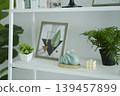 Minimalist home decor featuring indoor plants and stylish accessories on a metal shelf. 139457899